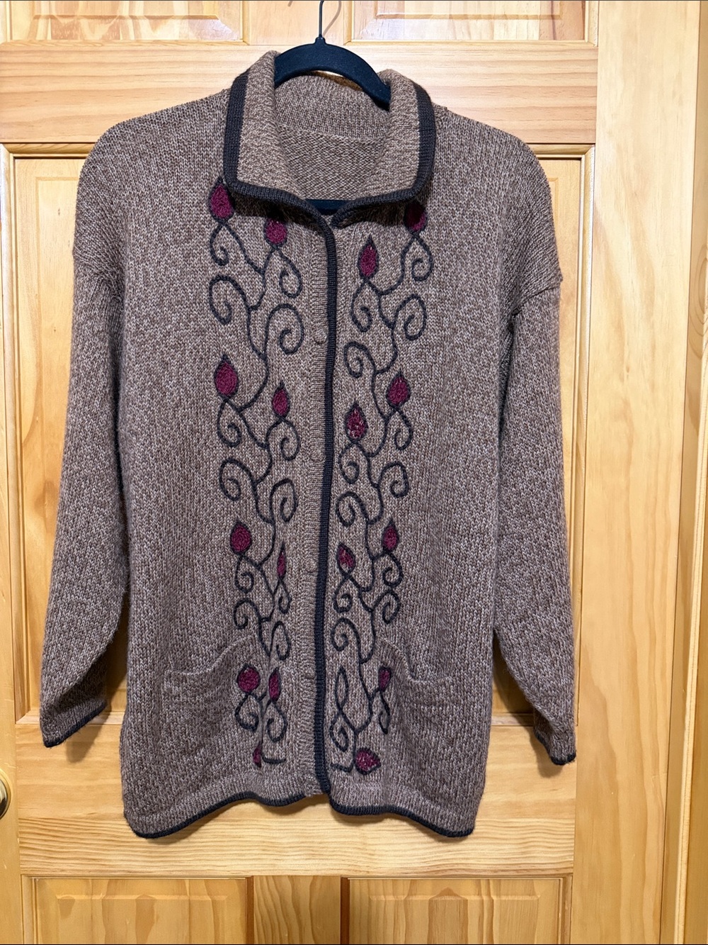 Brown Embroidered Women's Cardigan Sweater with Patch Pockets.